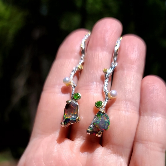 RAW black Opal chrome Diopside pearl & citrine sterling vine earrings - Picture 8 of 13